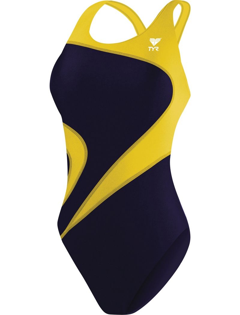 Maillot de Bain Tyr Tyreco? Maxfit T-splice Femme Bleu Marine Jaune | 44933379MRQ