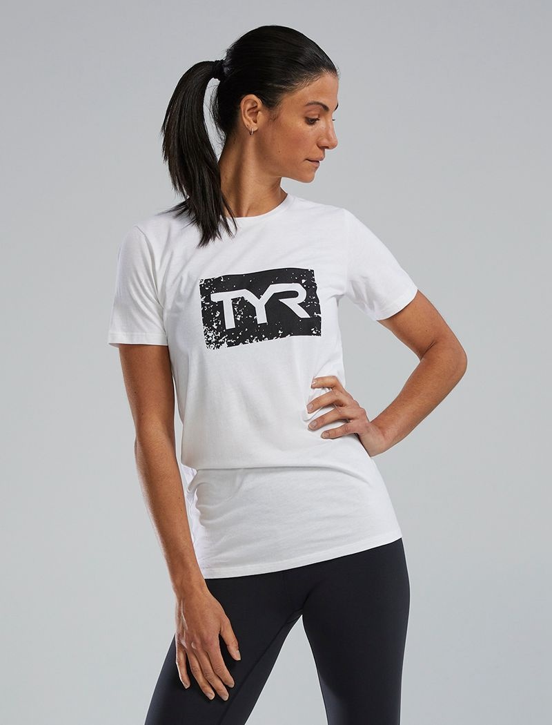 T-Shirt Tyr Ultrasoft? Corta Sleeve Graphique Distressed Femme Blanche Noir | 79701728OJN