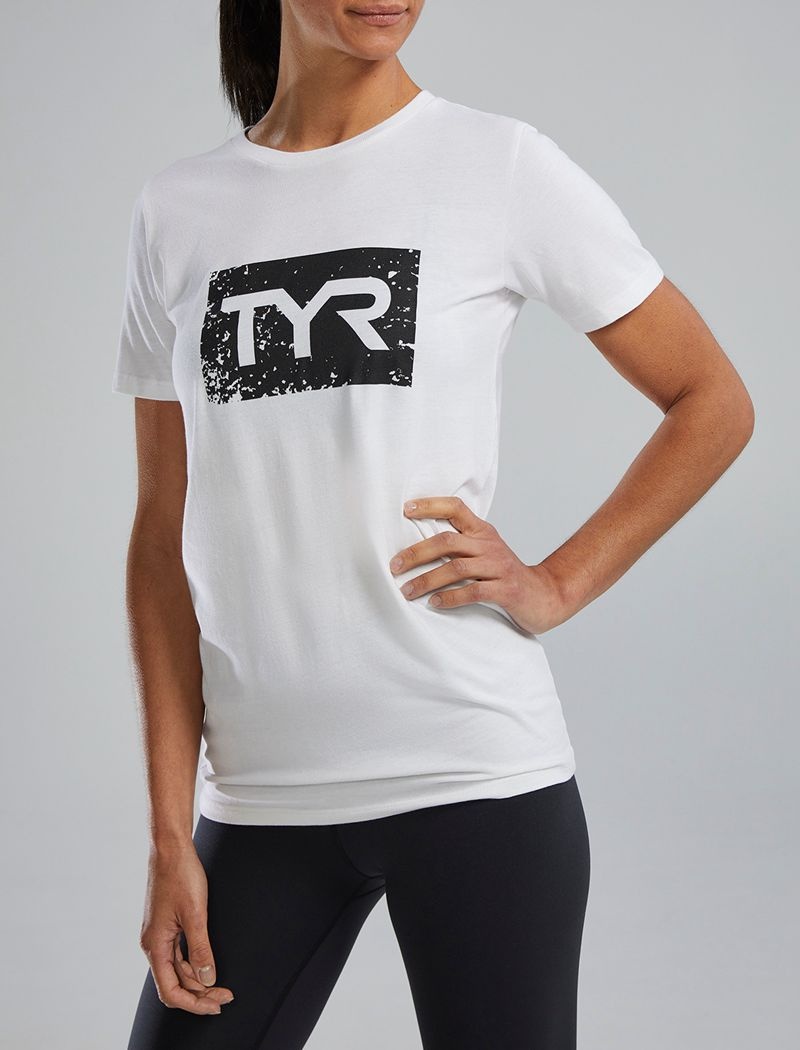 T-Shirt Tyr Ultrasoft? Corta Sleeve Graphique Distressed Femme Blanche Noir | 79701728OJN