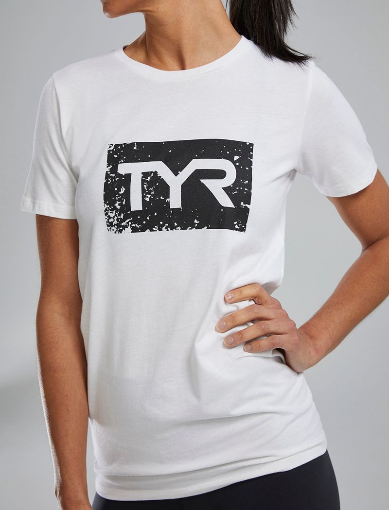 T-Shirt Tyr Ultrasoft? Corta Sleeve Graphique Distressed Femme Blanche Noir | 79701728OJN