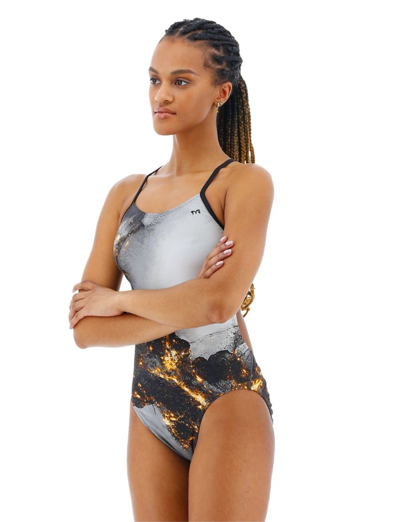 Maillot de Bain Tyr Durafast Elite? Cutoutfit Pyrite Femme Doré Noir | 81106264XIF