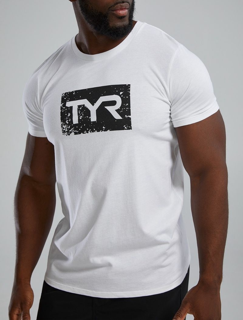 T-Shirt Tyr Ultrasoft? Corta Sleeve Graphique Distressed Homme Blanche Noir | 24981229RTN