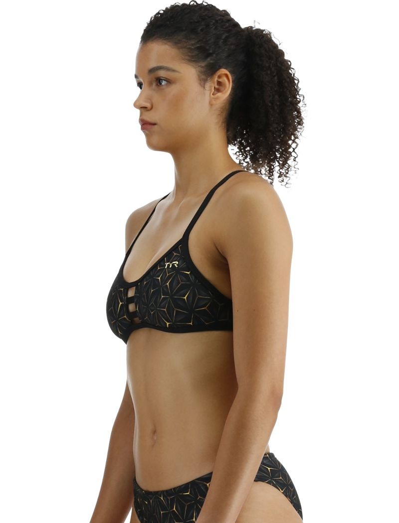 Maillot de Bain Tyr Durafast Elite? Pacific Tieback Top Obsidian Femme Noir Doré | 08213210CQV