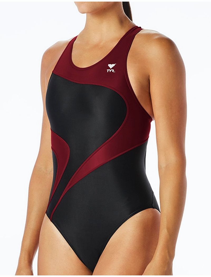 Maillot de Bain Tyr Tyreco? Maxfit T-splice Femme Noir Rouge Foncé | 41098743XUP