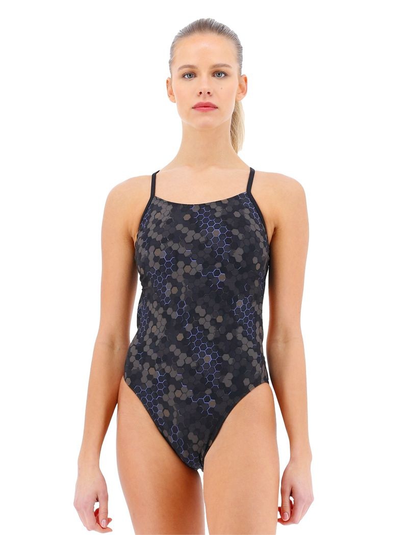 Maillot de Bain Tyr Durafast Elite? Cutoutfit Carbon Hex Femme Noir Bleu Foncé | 34684484QCJ